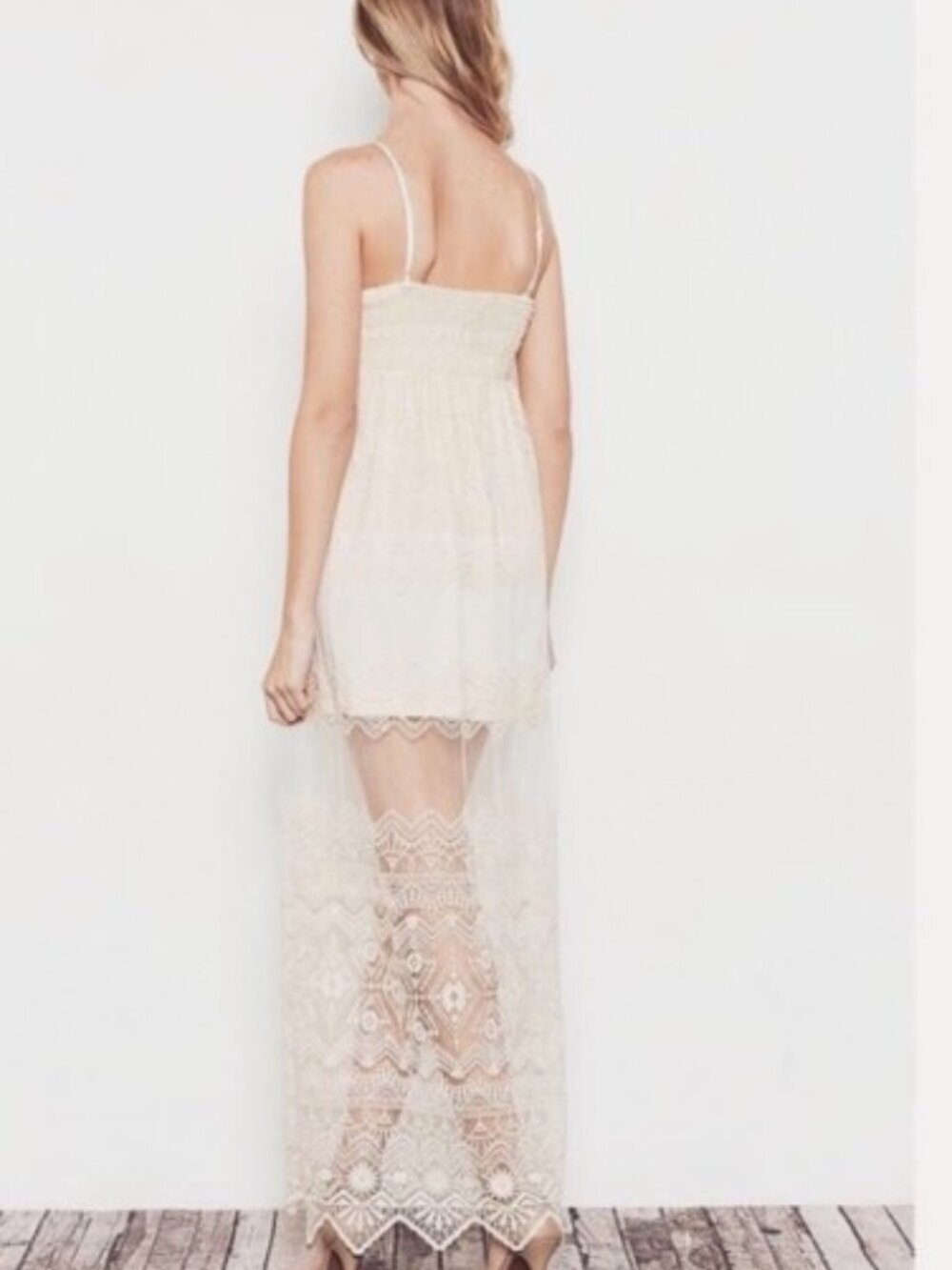 ILLA ILLA Cream Cotton Blend Spaghetti Strap Lace Boho Maxi Dress. Size S - Picture 10 of 10